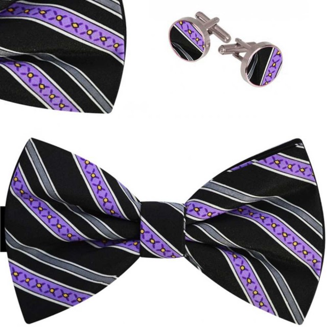 Set papion barbati, batista, butoni, negru, dungi mov